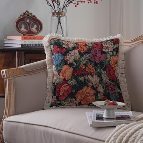 ENJOYBIRDAL Floral Throw Pillow Covers Sofa 24 x 24 Pillow Covers for Living Room Boho Decorative Couch Cushion Covers Farmhouse Square Tassels Set of 2 Pillow Shams Cover