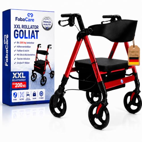 FabaCare XXL Rollator Goliat, höhenverstellbar, faltbar, mit Sitz und Rückenlehne, Tasche, Gehwagen, Rollwagen, bis 200 kg, Farbe Rot