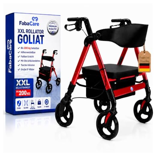 Trendmobil Leichtgewichtrollator LR 56 nur 6,7 kg Rollator inkl. Korb und Stockhalterung - Pannensichere PU Bereifung 3 FabaCare XXL Rollator Goliat, höhenverstellbar, faltbar, mit Sitz und Rückenlehne, Tasche, Gehwagen, Rollwagen, bis 200 kg, Farbe Rot