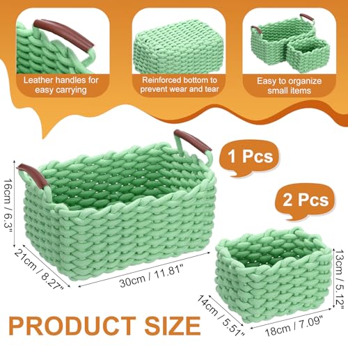 uxcell 3pcs Woven Basket Cotton Rope Storage Baskets with PU Handle Gift Chest Box for Shelf Organizing Bedroom Home Decor Nursery, Green (S, L) - Image 3
