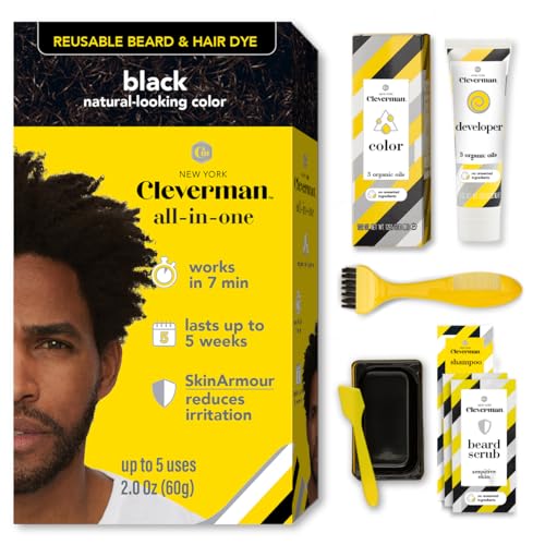 Reusable Hair & Beard Dye for Black Men Black 1.0 | Up to 5 Uses 7 Minutes | Natural Gray Coverage No-Drip Cream with SkinArmour Cleverman