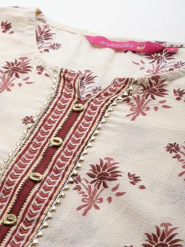 Image of anubhutee Women's Cotton Blend Floral Printed Off White Straight Kurta Suit Set with Trousers