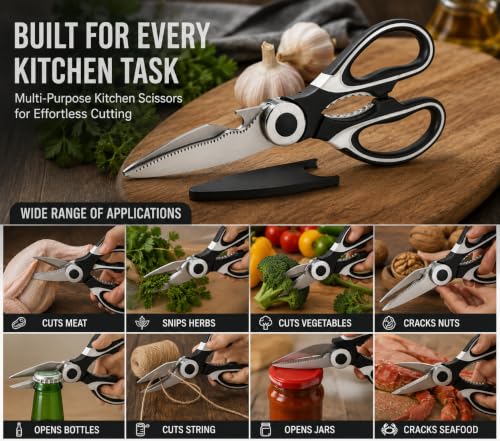 Image of Kitchen Knife Set with Steel Board & Scissors | 3 Cooking Knives Black Coted Stainless Steel Blade With Covers | Food Grade Steel Chopping Board for Veggis,Meat | Multipurpose Kitchen Scissors