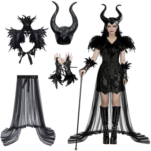 AOLIUP Maleficent Kostüm Damen: Böse Königin Kleid mit Hörner Gothic Federumhang Feder Manschette und Tüllrock für Halloween Karneval Fasching...