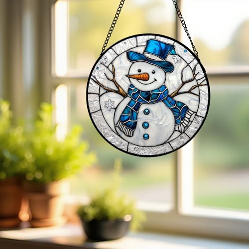 Image of DASTOLL Stained Glass Window Hanging Christmas Snowman Blue White Large 15 inch - Suncatcher Door Garden Sun Catcher Home Decor Birthday Mother's Day Xmas Gift for Mom Men Woman Her Nana Parents Girl