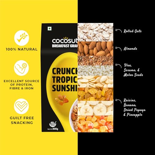 Image of Cocosutra Tropical Sunshine Breakfast Granola - 300g | High Protein Cereal with Oats, Nuts, Seeds and Dry Fruits | Lightly sweetened with Jaggery | Made with natural ingredients | Crunchy Breakfast Cereal with Oats, Nuts, Seeds & Dry Fruits, High Fibre, No Added Preservatives, Ready to Eat