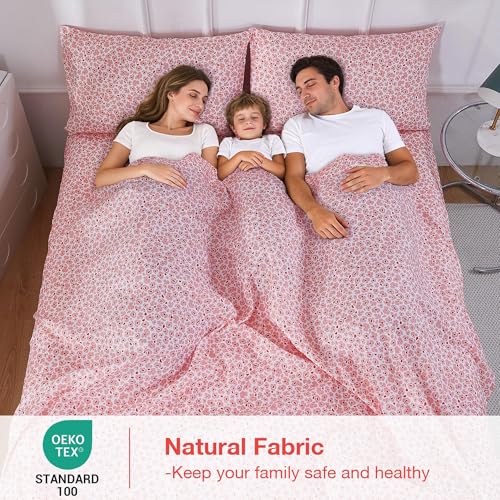 Image of Softan Pink Floral Full Sheet Set, Cozy Microfiber Leopard Printed Fitted Bed Sheet with 15 inch Deep Pockets & Non-Slip Straps, Cute Girls Patterned Double Sheets & Pillowcase Set