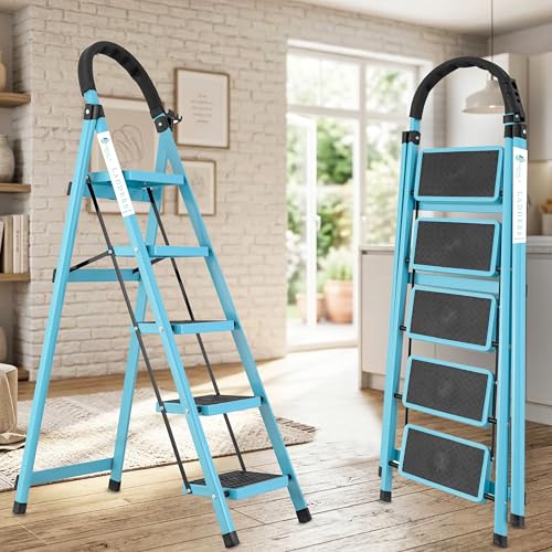 Image of Norman Jr Teal Blue5 Step Ladder for Home Use with Built-in Tool Tray | Heavy Duty D Shape Rods | Ultra Large Platform | Wide Rubber Feet | 150Kg Capacity Foldable Ladder - 7 Years Warranty