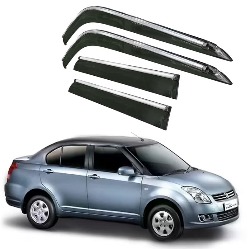 Image of CAR SAAZ Side Door Visors for Swift Dzire Type 1(2008-2012)(Set of 4Pcs)|Chrome Lined Rain Guards, Polycarbonate, Smoke Finish