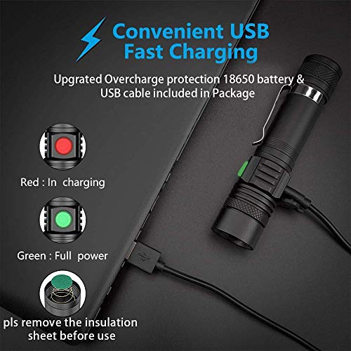 Tactical Flashlight Rechargeable, Super Bright Cree LED Flashlight(Battery Inlcuded), IPX6 Waterproof, Zoomable, Pocket Size Small Flashlight for Hiking,Camping,Emergency - Thumbnail 6