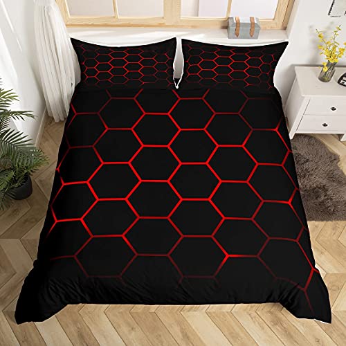 Parure de lit imprimée en nid d'abeille Noir Rouge Géométrie Hexagone Ensemble de housse de couette Diamond Lattice Literie simple moderne 220 x 240 cm Garçons...