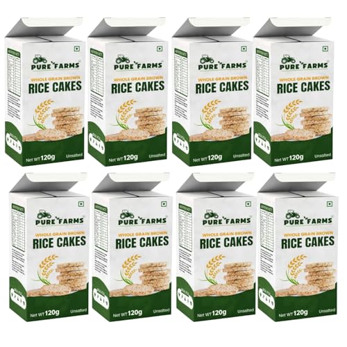 PURE FARMS Rice Cake Whole Grain Brown — Pack of 8 (120gm each) | Gluten Free Healthy Snacks | Low Calorie Diet & Weight Loss Snacks | Crunchy Vegan Rice Cakes | 100% Natural
