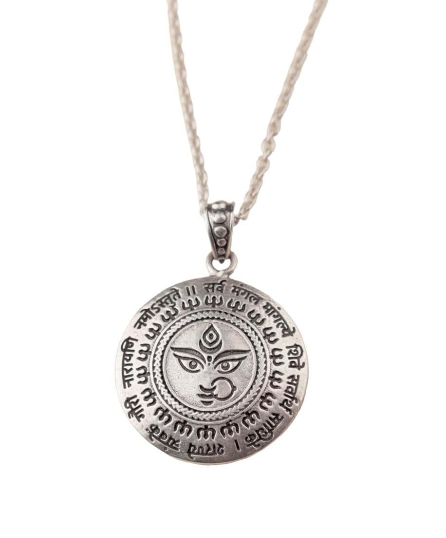 Shyle 925 Sterling Silver Pendant Necklace, Durga Maa Mantra Auspicious Necklace, Well Stamped with 925, Handcrafted Oxidized Silver Chain Necklace, Gift for Her, Pendant Chain Necklace