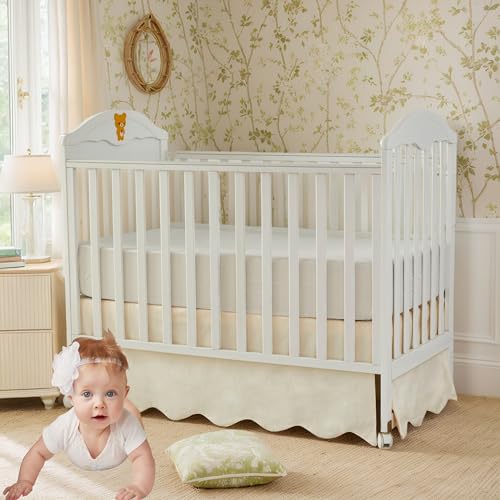 Image of Brandream Scallop Edge Cotton Crib Skirt Toddler Bedskirt Baby Nursery Crib Bed Skirt Boho Bohemian Neutral Solid Color Vintage Ivory Cream Off Farmhouse Chic Boho Bohemian Skirt