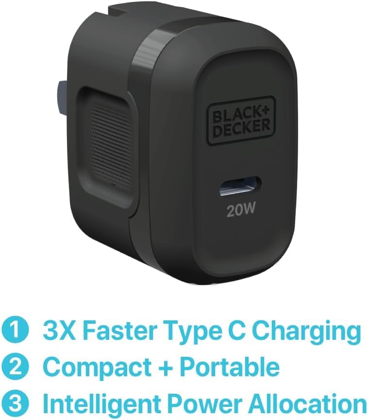 BLACK+DECKER GaN PD 20W USB-C Wall Charger highlighting 3x faster charging, compact size, and intelligent power allocation