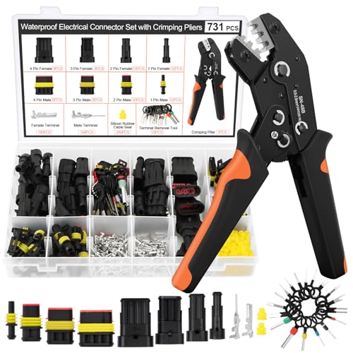 731PCS Juego de pinzas para engarzar cables, Set Alicates Terminales Electricos 0.5-2.5mm², Crimpadora Terminales electricos, Alicates de Terminales con Enchufe de Conector Electrico Impermeable