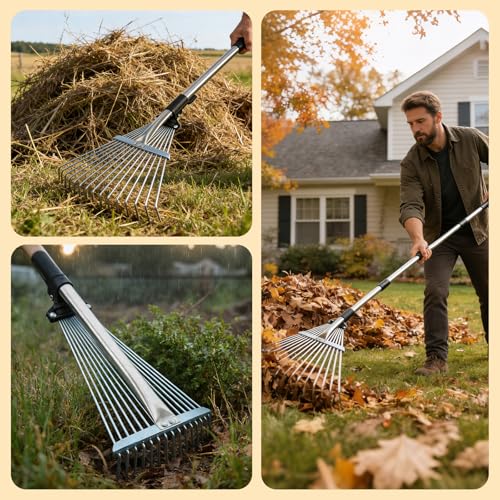 Adjustable Garden Leaf Rake 85-175cm, Metal Rake for Gardening with Expandable Head 20-40cm, Lightweight Garden Tools Rakes for lawn Yard Leaf Artificial Grass, Metal Head, 15 Tines - Image 7
