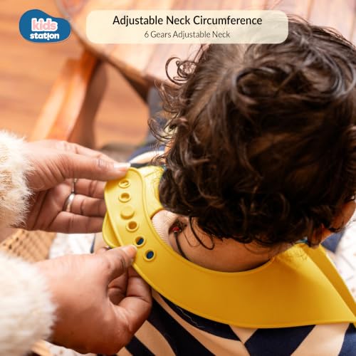 Image of Kids Station Silicone Baby Bib for Feeding & Weaning BPA Free, Soft Adjustable Neckline with Buttons, Washable & Reusable, Ideal for Babies & Toddlers 6 to 36 Months - Yellow