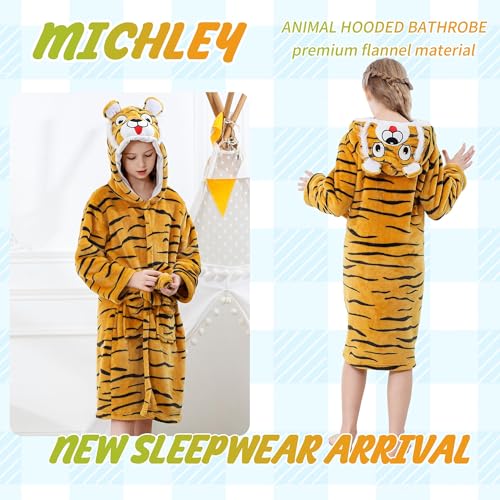 Image of MICHLEY Unisex Boys Girls Hooded Bathrobe Soft Fuzzy Toddler Cartoon Robe Animal Plush Sleepwear for Kids 3-13 Years