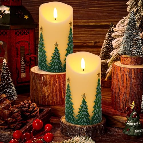 Image of Christmas Tree Flameless Flickering Candles Battery Operated with 6H Timer 3D Wick LED Pillar Candles Real Wax Hand-Painted Dinner Holiday Christmas Indoor Decoration(2 Pack, 3 inch D x 5.7 inch H)