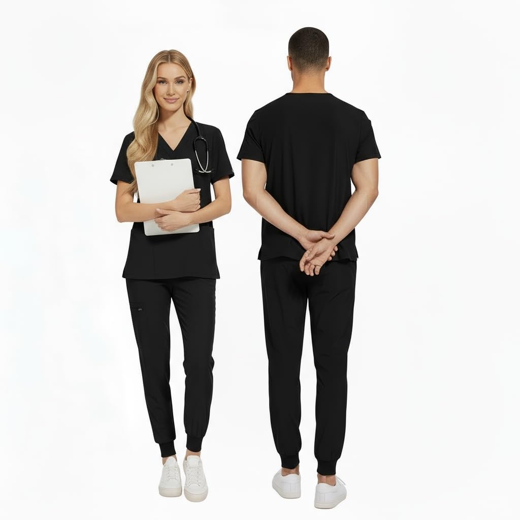 CK13 - Conjunto médico de manga corta con cuello en V y 3 bolsillos, pantalones elásticos que absorben la humedad, uniforme médico