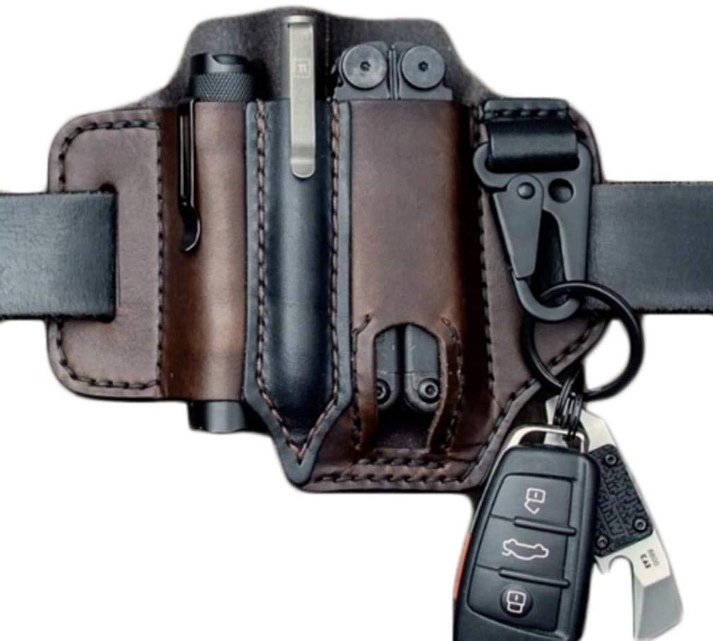 Brilliaire Multitool Leather Sheath EDC Pocket Organizer - High Leather Quality, Multitools Holder Holster EDC Essentials Organizer Belt Pouch,Knife Organizer Leather Sheath (Brown)