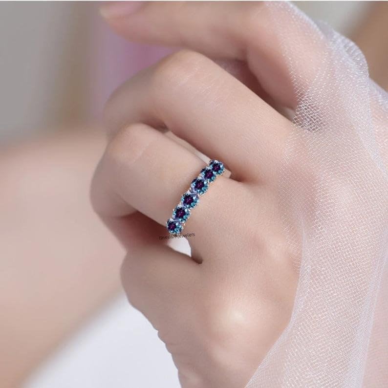 4MM Alexandrite Wedding Gold Vermeil Half Eternity Band, Stacking Ring with Rhodium Finished Sterling Silver Ring for Women