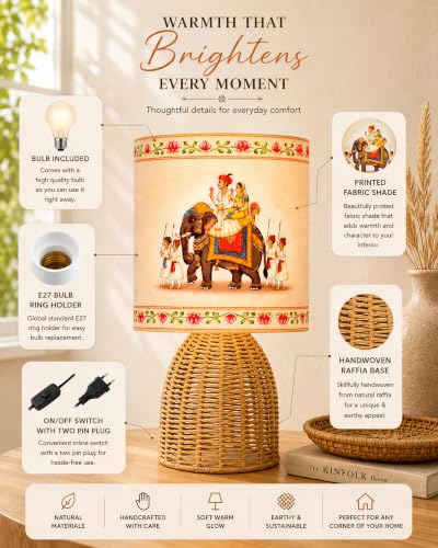 Image of Homesake Handwoven Rattan Table Lamp with Rajasthani Art Fabric Shade, Decorative Raffia Cane Bedside Lamp for Bedroom, Boho Table Lamp for Living Room, E27 Holder, Warm Ambient Home Decor Lighting