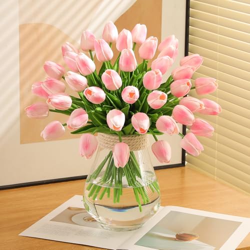 Image of Pink Fake Tulips Artificial Flowers - 24 Pcs Artificial Silk Pink Tulips Faux Flowers with Stems for Home Wedding Hotel Office Centerpiece Decor