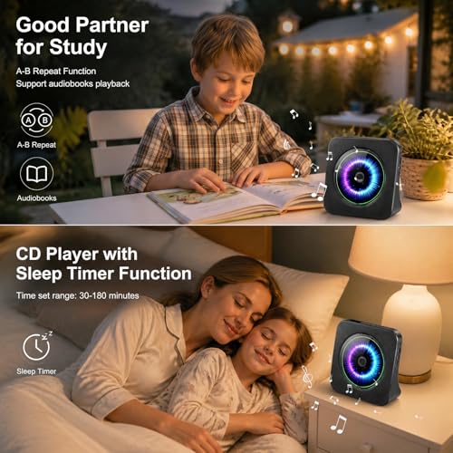 Image of CD Player Portable Bluetooth Desktop 4000mAh Rechargeable (Black) | CD Players for Home with Timer HiFi Speakers Dust Cover LCD Screen Display FM Radio 3.5mm AUX Jack Remote Control