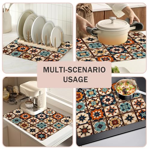 Image of Mexican Talavera Tile Stove Top Covers Pad 28 x 20 inches Dish Drying Mat Coffee Bar Mats Kitchen Decor Absorbent Pad Fit Coffee Maker Machine Dish Drying