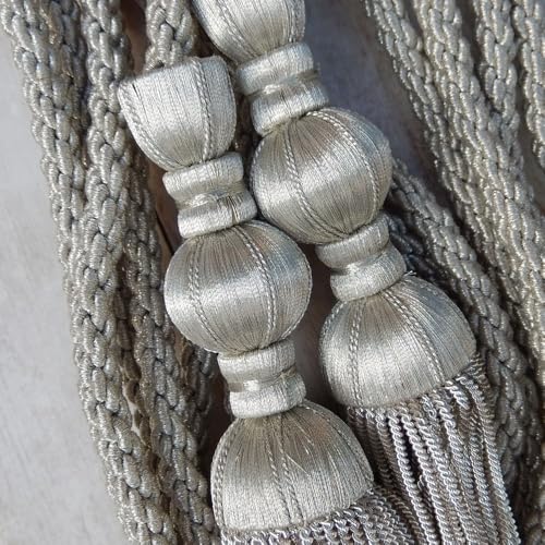 Cordón de Plata premium de 3m con borlas sofisticadas de 18cm y fleco de canutillo 3