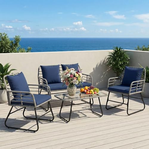 DUMOS 3 Pieces Outdoor Bistro Set, All-Weather PE Rattan Patio Furniture Set with Cushions, Steel Frame Table and Chairs for Balcony, Apartment, Porch, Beige by DUMOS - Image 2