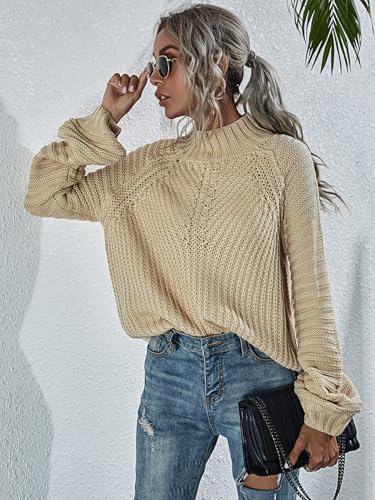 Image of Upopby Women's Fall Winter Mock Neck Sweaters for Women Trendy Lantern Sleeve Knitted Pullover Sweater Jumper Tops
