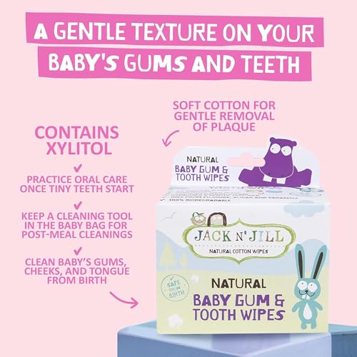 Jack N\' Jill Baby Gum & Tooth Wipes - Natural & Safe, Contains only Water & Xylitol, Soft Sterilized Cotton, Free from Fluoride & Sugar, Baby Mouth Wipes - 25 Count, Individually Wrapped