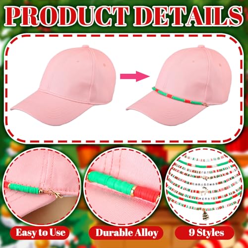 Image of Geyoga 9 Pcs Christmas Trucker Hat Chains Red Green Trucker Hat Charms Christmas Women Man Bill Decoration Detachable DIY Metal Chain for Xmas Mesh Baseball Cap