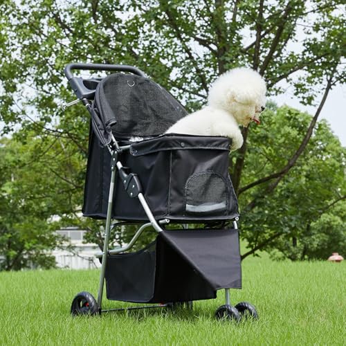 Image of NEWBULIG Pet Stroller for Dogs, Cats Stroller with 3 Wheel, Foldable, Lightweight and Durable, Ideal for Small to Medium Pets, Includes Storage Basket and Cup Holders, Black