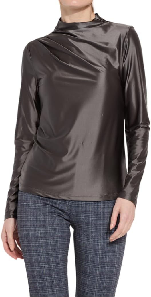Lyssé Shalom Satin Tops for Women Long Sleeve with Mock Neck & Asymmetrical Draping – Wrinkle-Resistant Satin top Women