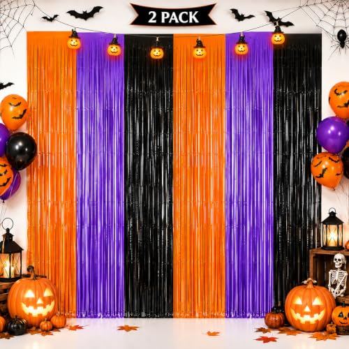 Image of JINSUI Halloween Decorations Orange Purple Black Tinsel Backdrop 2 Pack
