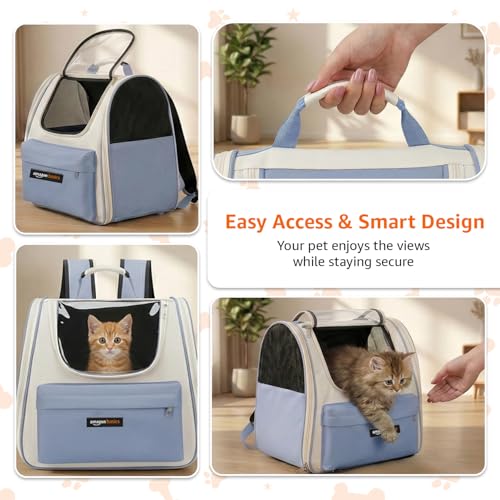Image of Amazon Basics Cat Carrier Bag | Lightweight Soft-Sided Pet Travel Carrier with Transparent Window & Ventilated Fabric | Portable Hand & Shoulder Carry Bag for Cats & Small Pets | Blue