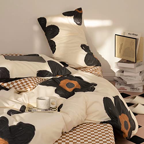 Image of KAREVER Black Floral Comforter Set Black Botanical Bedding King Women Chic Blankets Lightweight Black Sunflower Reversible Bed Comforter Set King Size