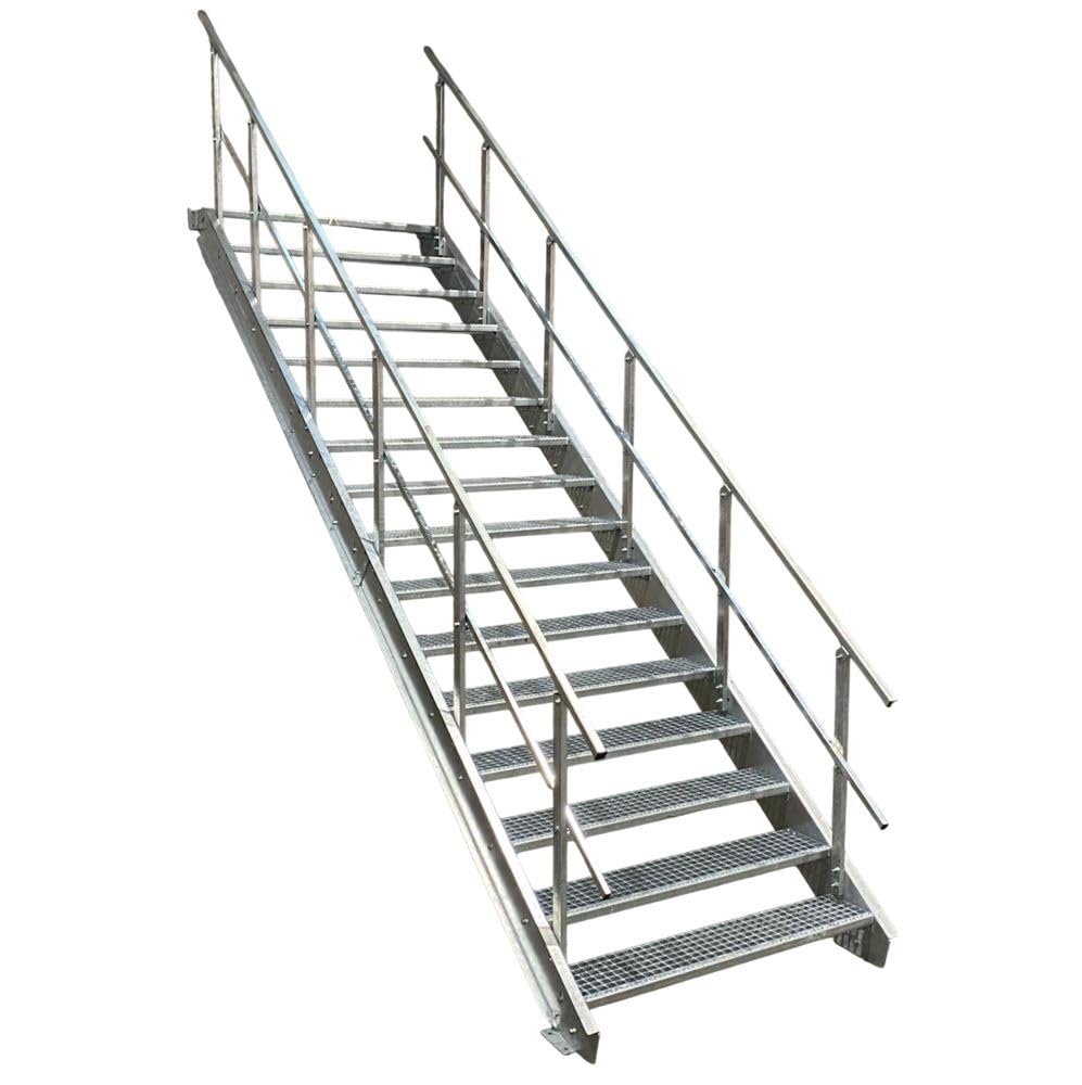 16 Stufen Stahltreppe mit beidseitigem Geländer/Breite 90cm Geschosshöhe 274-340cm / Robuste Außentreppe/Wangentreppe/Stabile Industrietreppe für den Außenbereich/Inklusive Zubehör