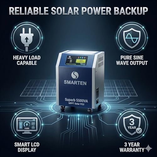 Image of Smarten Superb 5500VA 48V Solar Inverter with 70A MPPT Solar PCU | 5KVA Hybrid Solar Inverter | Supports 5500W Solar Panels | Pure Sine Wave Off-Grid | 4 Battery System | Heavy Load | 3 Year Warranty