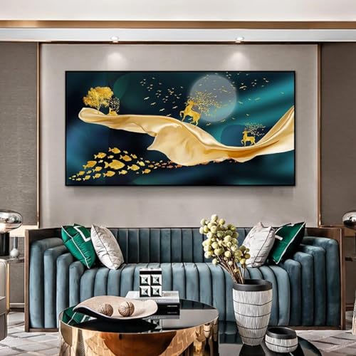 Art mural toile abstrait arbre d'or et argent prestige décoration de luxe avec cadre