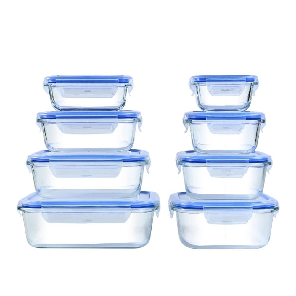 Hgniang 8pcs Glass Food Storage Containers Set Lunch Box Leakproof Airtight Microwave & Oven Safe Stackable Kitchen Organizers