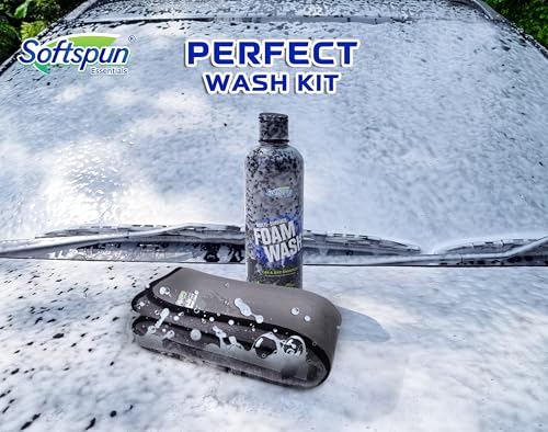 Image of SOFTSPUN Essentials & Car Shampoo Combo | 500 gsm 40X60cm 1 Pc Grey+500mL Car & Bike Premium Liquid Shampoo | Thick Foam, Removes Tough Dirt & Grime | pH Neutral | Works with Bucket & Foam Cannon.