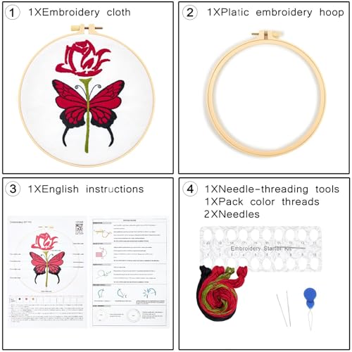 Image of Butterfly Rose Embroidery Kits for Beginners Adults, Valentine's Day Hand Embroidery Kits, Cross Stitch Kits for Adult Anniversary Valentine's Gifts, Entire Set of Embroidery Supplies & Video Tutorial
