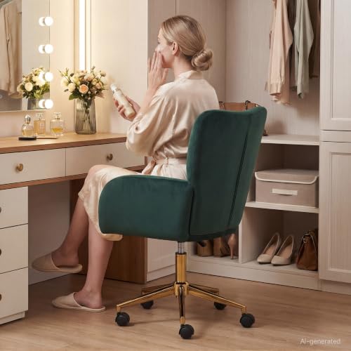Image of FOXHUNTER Vanity Chair with Ergonomic Back & Wheels, 360 Swivel Accent Chair, Adjustable Height Home Office Chair for Living Room, Bedroom (Velvet, Green)