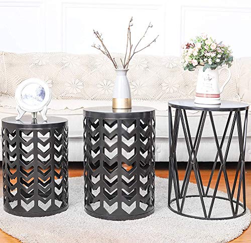 Nesting Side Table, Y&M Set of 3 Stacking Coffee Table for Living Room, Indoor End Tables, Outdoor Garden Stool with Heavy Duty Metal Frame Modern Industrial Decor - Pure Black (Ship from US)