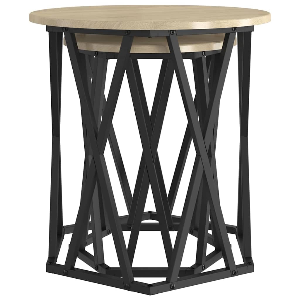 Set di 2 tavolini rotondi in rovere Sonoma, legno e acciaio | Eleganti tavolini rotondi per il soggiorno. Piano del tavolo opaco facile da pulire con robusto telaio in acciaio.